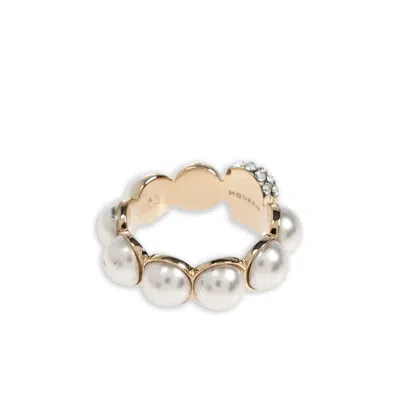 Alexander Mcqueen Crystal And Pearl Skull Rings In Gold