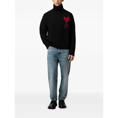 Ami Alexandre Mattiussi Relaxed Fit Black Wool Turtleneck Sweater With Graphic Heart Motif In Black