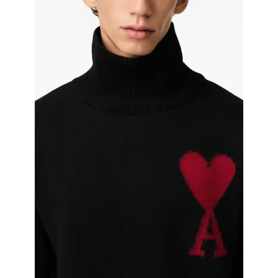 Ami Alexandre Mattiussi Relaxed Fit Black Wool Turtleneck Sweater With Graphic Heart Motif In Black