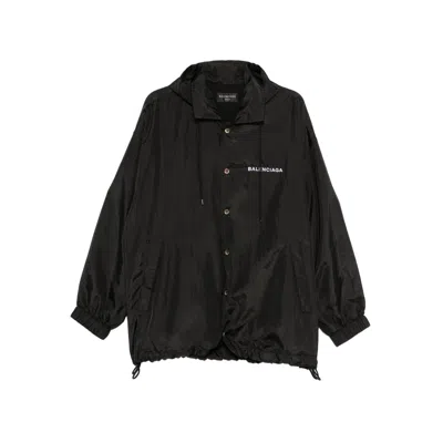 Balenciaga Hooded Raincoat With Drawstring And Pockets In Black