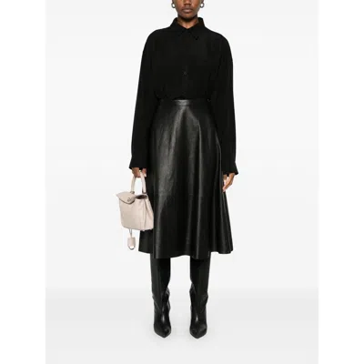 Balenciaga Leather Midi Skirt In Black