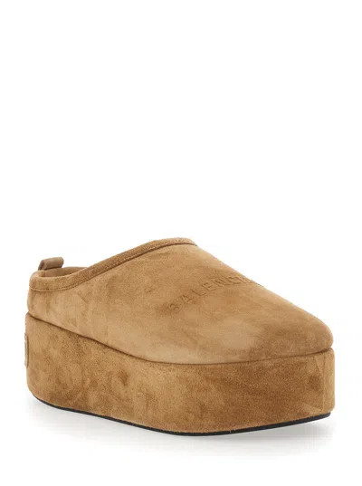 Balenciaga Women Alaska Soft Suede Mule With Plateau In Brown