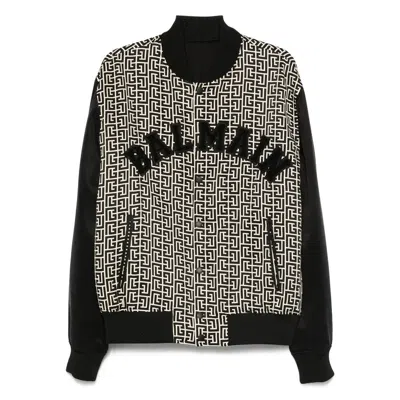 Balmain Pb Labyrinth Monogram Varsity Bomber Jacket In Black