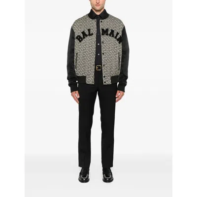 Balmain Pb Labyrinth Monogram Varsity Bomber Jacket In Black