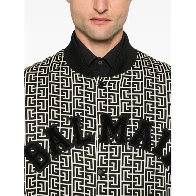 Balmain Pb Labyrinth Monogram Varsity Bomber Jacket In Black