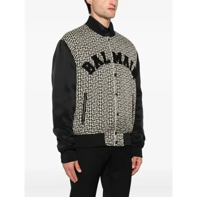 Balmain Pb Labyrinth Monogram Varsity Bomber Jacket In Black