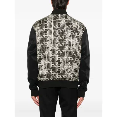 Balmain Pb Labyrinth Monogram Varsity Bomber Jacket In Black