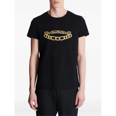 Balmain Black Crewneck T-shirt With Logo Print On The Front In Cotton Man