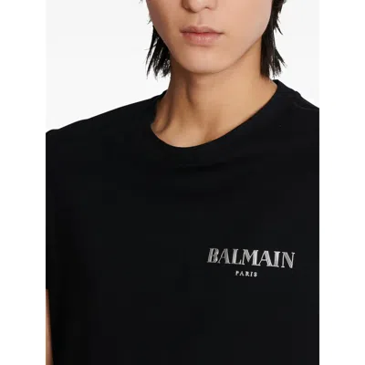 Balmain Black Crewneck T-shirt With Logo Print In Cotton Man