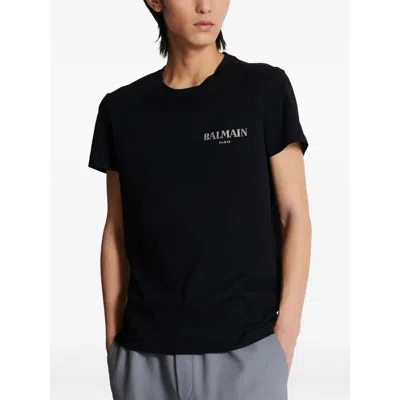 Balmain Black Crewneck T-shirt With Logo Print In Cotton Man