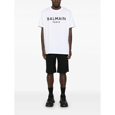 Balmain White Crewneck T-shirt With Contrasting Logo Lettering Print In Cotton In White