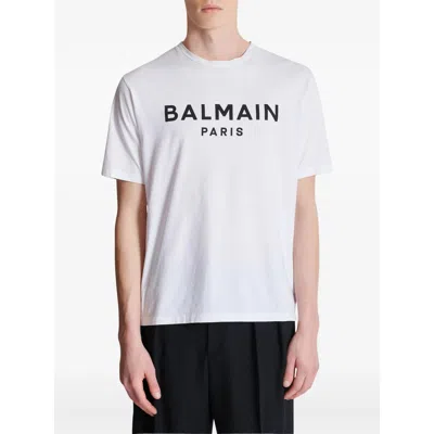 Balmain White Crewneck T-shirt With Contrasting Logo Lettering Print In Cotton In White