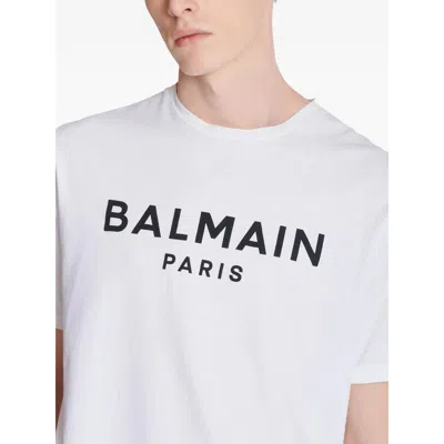 Balmain White Crewneck T-shirt With Contrasting Logo Lettering Print In Cotton In White