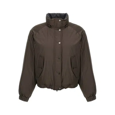 Brunello Cucinelli Green Jacket With Fixed Hood With Snap Buttons In Brown