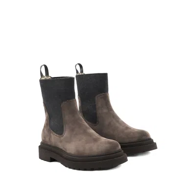 Brunello Cucinelli Women Suede Boot With Knitted Insert And Precious Loop Detail In Brown