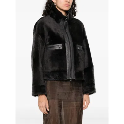 Brunello Cucinelli Grey Shearling Jacket With Two Front Welt Pockets With Zip In Black
