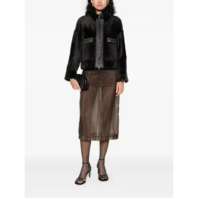 Brunello Cucinelli Grey Shearling Jacket With Two Front Welt Pockets With Zip In Black