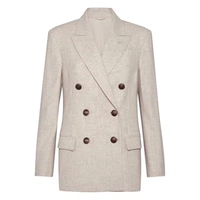Brunello Cucinelli Double-breasted Jacket With Luxurious Cotton-wool Blend And Elegant Detailing In Neutral
