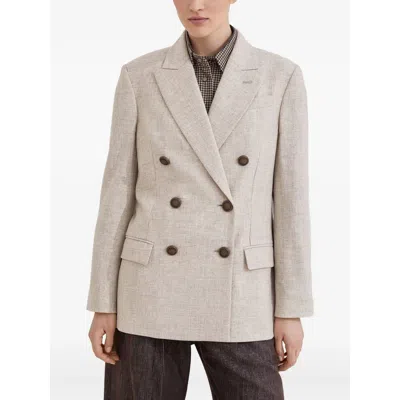 Brunello Cucinelli Double-breasted Jacket With Luxurious Cotton-wool Blend And Elegant Detailing In Neutral