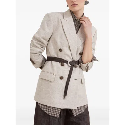 Brunello Cucinelli Double-breasted Jacket With Luxurious Cotton-wool Blend And Elegant Detailing In Neutral