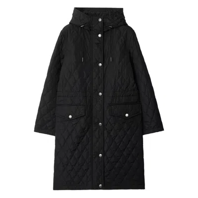 Burberry Quilted Nylon Long Hooded Coat Pockets In Black