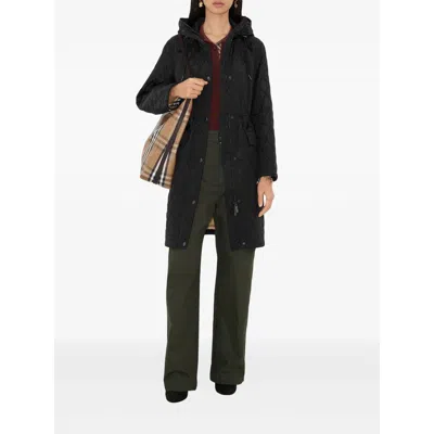 Burberry Quilted Nylon Long Hooded Coat Pockets In Black
