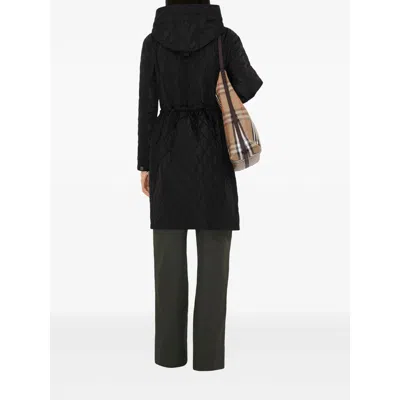 Burberry Quilted Nylon Long Hooded Coat Pockets In Black