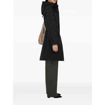 Burberry Quilted Nylon Long Hooded Coat Pockets In Black