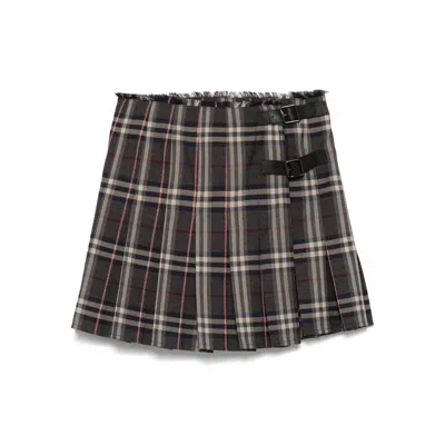 Burberry Leather-trimmed Pleated Checked Wool Mini Skirt In Brown