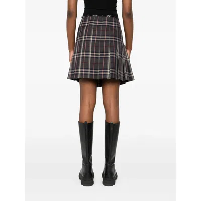 Burberry Leather-trimmed Pleated Checked Wool Mini Skirt In Brown