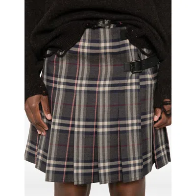 Burberry Leather-trimmed Pleated Checked Wool Mini Skirt In Brown