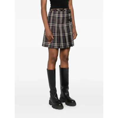 Burberry Leather-trimmed Pleated Checked Wool Mini Skirt In Brown