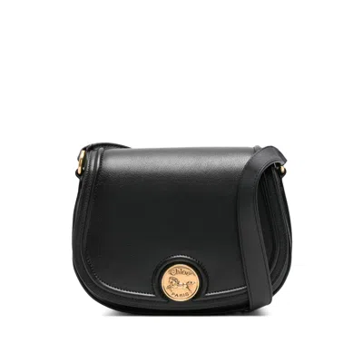 Chloé Grained Leather Shoulder Bag With Prominent Logo Detail In Black