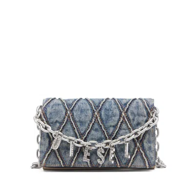 Diesel Quilted Gray Wallet With Chain Strap In Blue
