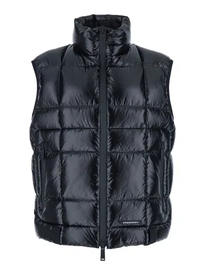 Dsquared2 Black Sleeveless Down Jacket With High Neck And Logo Patch On The Front In Tech Fabric Man In Blue