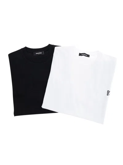 Dsquared2 Black And White Set Of Two T-shirts With Logo On The Front In Cotton Man In White