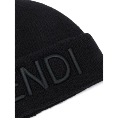 Fendi Men Black Beanie With Maxi Logo Lettering On Front In Wool Man In Blue
