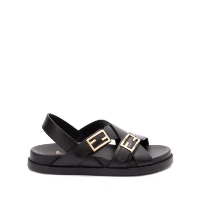 Fendi Women Black Singback Sandals With Ff Buckle Closure And Criss-crossed Straps In Leather Woman