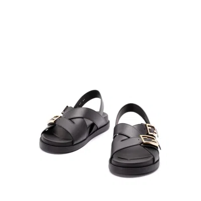 Fendi Women Black Singback Sandals With Ff Buckle Closure And Criss-crossed Straps In Leather Woman