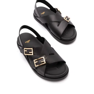 Fendi Women Black Singback Sandals With Ff Buckle Closure And Criss-crossed Straps In Leather Woman