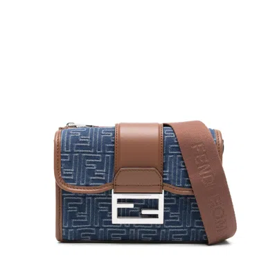 Fendi Denim-effect Ff Jacquard And Leather Double Baguette Bag In Blue
