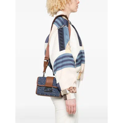 Fendi Denim-effect Ff Jacquard And Leather Double Baguette Bag In Blue