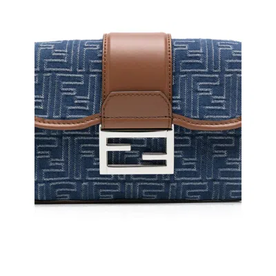 Fendi Denim-effect Ff Jacquard And Leather Double Baguette Bag In Blue
