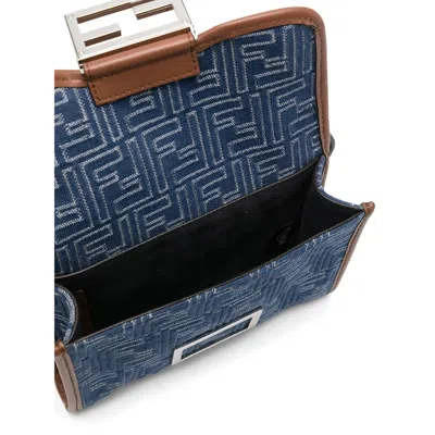 Fendi Denim-effect Ff Jacquard And Leather Double Baguette Bag In Blue