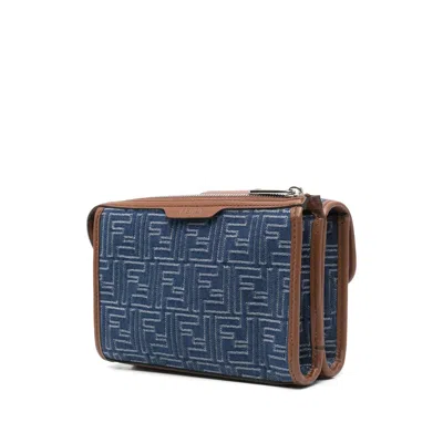 Fendi Denim-effect Ff Jacquard And Leather Double Baguette Bag In Blue