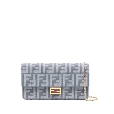 Fendi Denim-effect Ff Jacquard Baguette Wallet On Chain In Blue