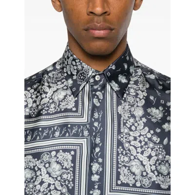 Fendi Men Blue Shirt With All-over Bandana Print In Silk Man