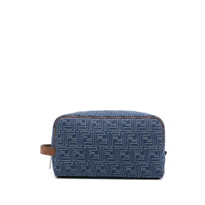 Fendi Medium Toiletry Case In Denim-effect Ff Jacquard In Blue