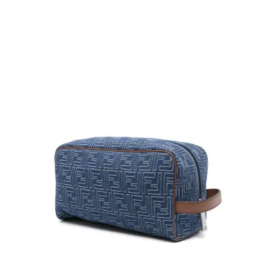 Fendi Medium Toiletry Case In Denim-effect Ff Jacquard In Blue