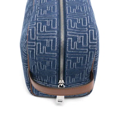 Fendi Medium Toiletry Case In Denim-effect Ff Jacquard In Blue